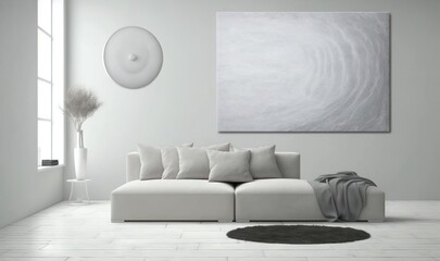  a white living room with a large painting on the wall.  generative ai