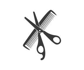 Scissors and comb black silhouette, barber, simple hair dresser icon, barbershop logo design. Sign crossed scissors and hair brush. Barbershop symbols vector design and illustration.