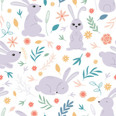 Bunny with flowers and herbs background. Cute baby print with rabbit. Hares, flowers, foliage and herbs seamless pattern. Animals and wild flowers digital paper. Vector illustration