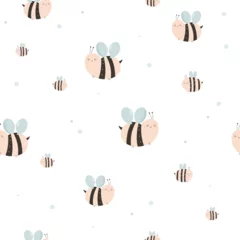 Raamstickers Seamless pattern with cute mother bee and baby on white background. © danceyourlife