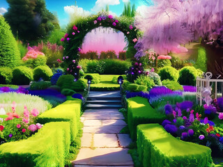 Enchanted garden A magical garden in spring. AI