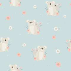 Seamless pattern with cute mother koala and baby on blue background. © danceyourlife