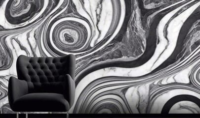  a black and white marble wallpaper with a black chair.  generative ai