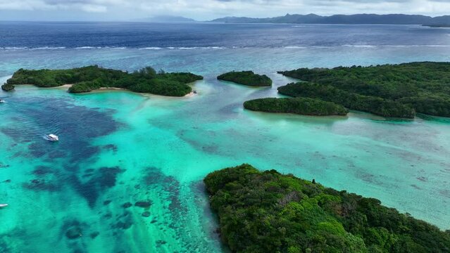 Kabira bay aerial view, tropical island in Okinawa, clear turquoise coral reef lagoon on a remote island, scenic view of Ishigaki Island 