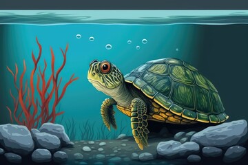 A domestic red eared turtle peeks its head above the water's surface in an aquarium. Fish tank pets. Generative AI