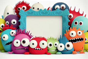 Obraz premium Cute Cartoon Monsters border frame on light white background mock-up copy space made with generative AI