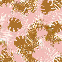 Palm and monstera leaves seamless pattern design. Tropical leaves branch and monstera summer pattern design. Tropical floral pattern background. Trendy Brazilian illustration. 