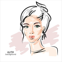 art sketching portrait of beautiful young woman makeup face, fashion vector; glamour girl model; hand draw illustration; hairstyle for the evening, wedding; modern design for women's day card, poster