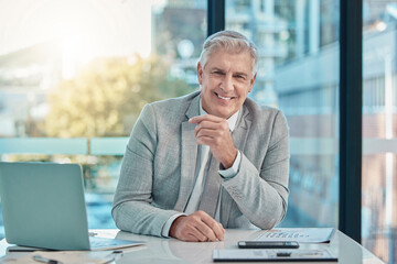 Portrait of senior business man at office with happy leadership, career mindset and company management. Face of corporate person, employer or boss at desk with laptop for professional job planning