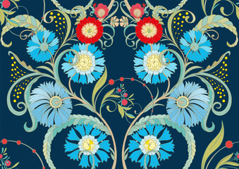 Decorative flowers and leaves in art nouveau style, vintage, old, retro style. Seamless pattern, background. Vector illustration.