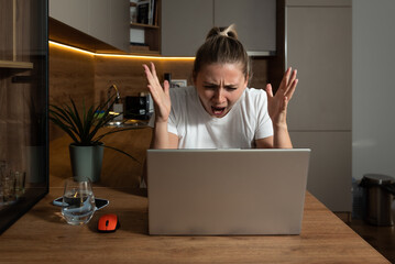 Young stressed hurt sad and shocked woman feeling betrayed finding out boyfriend husband is cheating on her by reading his messages and emails on laptop computer. Relationship marriage difficulties