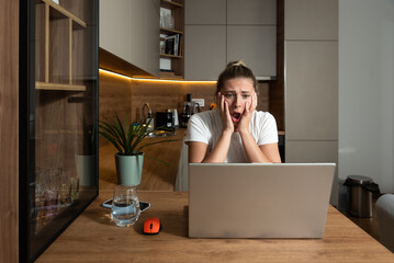 Fototapeta na wymiar Young stressed hurt sad and shocked woman feeling betrayed finding out boyfriend husband is cheating on her by reading his messages and emails on laptop computer. Relationship marriage difficulties