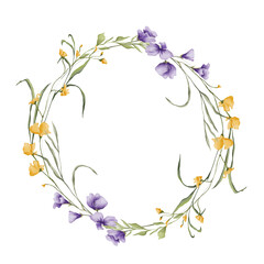 Watercolor spring floral wreath with purple little flowers and yellow floral branches