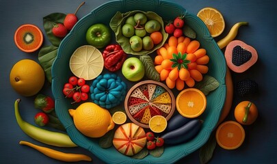  a blue plate filled with lots of different fruits and vegetables.  generative ai