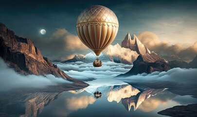  a hot air balloon flying over a mountain range in the sky.  generative ai
