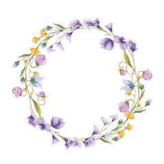 Watercolor spring floral wreath with purple, yellow, pink and blue field flowers