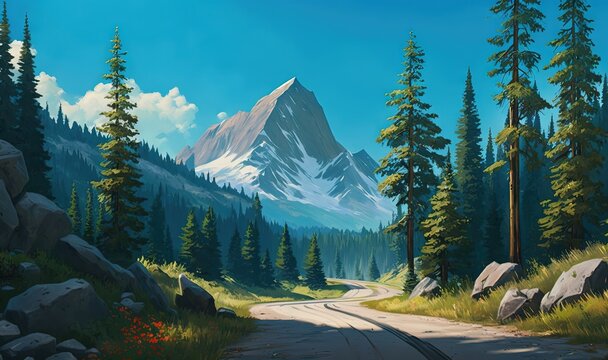  a painting of a mountain scene with a road going through it.  generative ai