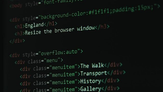 Close Up Code Screen Pulling Focus with Different Colours Navigating with Pixel Details HTML