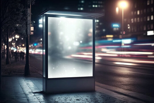 Blank advertising light box for promotion in the city at night Fictitious place. AI generated image