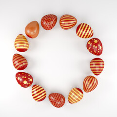 3d render of 13 red and gold easter eggs on white background. - Vacation background - 576664022