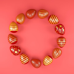 3d render of 13 red and gold easter eggs on red background. - Vacation background