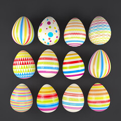 3d render of 12 colorful easter eggs on black background. - Vacation background