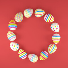 Fototapeta na wymiar 3d render of 13 colorful easter eggs on red background. - Vacation background