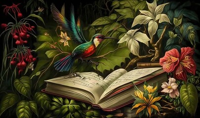 Obraz premium a painting of a bird sitting on a book in a forest. generative ai