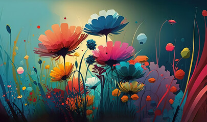 Obraz na płótnie Canvas a painting of colorful flowers and grass on a blue background. generative ai