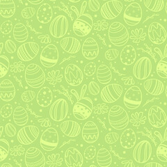 Vector seamless simple pattern with decorated eggs, bunny’s ears, chamomiles and willow. Easter festive green background with hand drawn doodle eggs for printing of fabric, gift wrap and wallpapers.