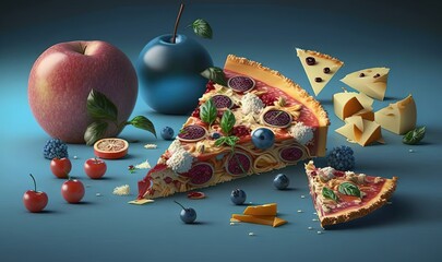  a slice of pizza with toppings on a blue background.  generative ai