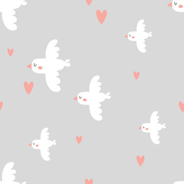 vector cute grey dove and hearts pattern