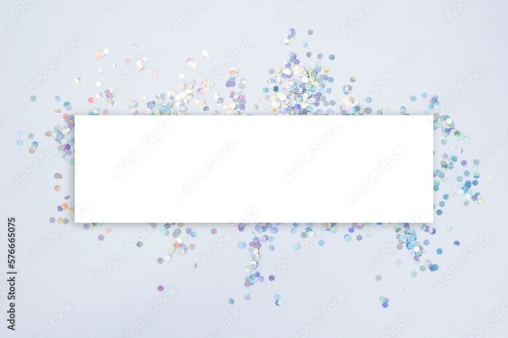 Poster blank square rectangular card and silver confetti. template layout. top view. mockup