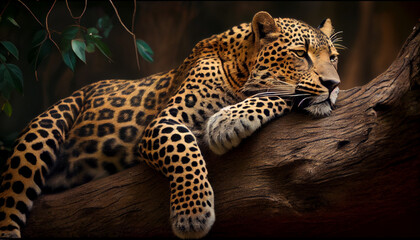 A leopard resting on a tree branch generative AI