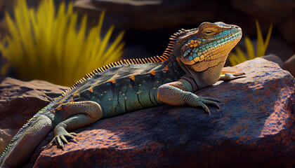 A lizard sunbathing on a rock generative AI