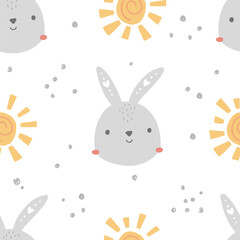 vector seamless pattern bunny face and sun