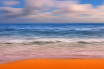 Fototapeta na wymiar Seascape abstract beach background. blur bokeh light of calm sea and sky. Focus on sand foreground ai generative