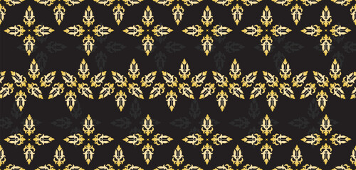 Indonesian traditional batik patterns from Riau, Malaysia, Malay traditional design culture Melayu on black fabric Background, gold threads
 - obrazy, fototapety, plakaty