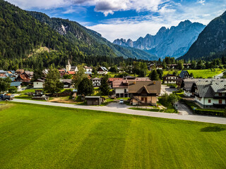 Fototapeta na wymiar The mountain town of Valbruna and the Julian Alps. Dream nature. Friuli.