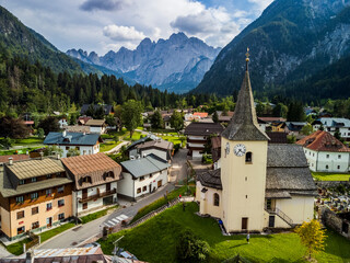 The mountain town of Valbruna and the Julian Alps. Dream nature. Friuli.