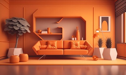  a living room with orange walls and a tree in the corner.  generative ai