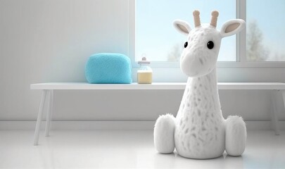  a stuffed giraffe sitting in front of a window.  generative ai