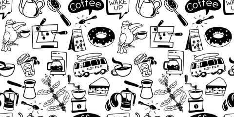 Coffee seamless pattern. Doodle background. Cup of coffee and desert. Morning road. Black and white. Vector illustration.