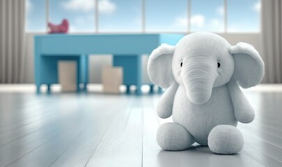 a stuffed elephant sitting on a hard wood floor in a room.  generative ai