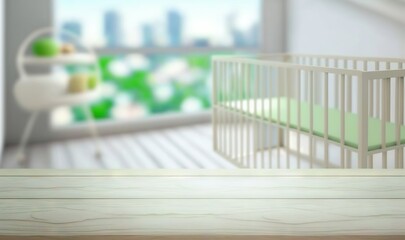  a baby crib in a room with a view of a city.  generative ai