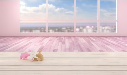  a pink room with a window and a toy horse on the floor.  generative ai