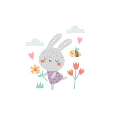 vector image of a girl bunny and flowers