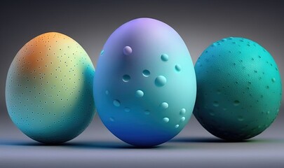  three different colored eggs with water droplets on them and a dark background.  generative ai
