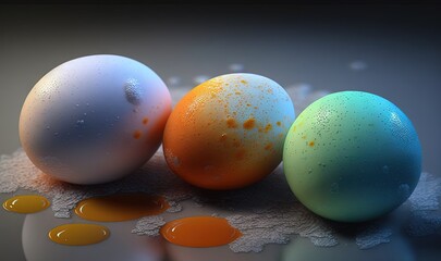  a group of three eggs sitting on top of a table.  generative ai