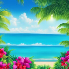 Fototapeta na wymiar Tropical beach with palm trees and flowers. 80s retro illustration with empty space for writing. Generative AI